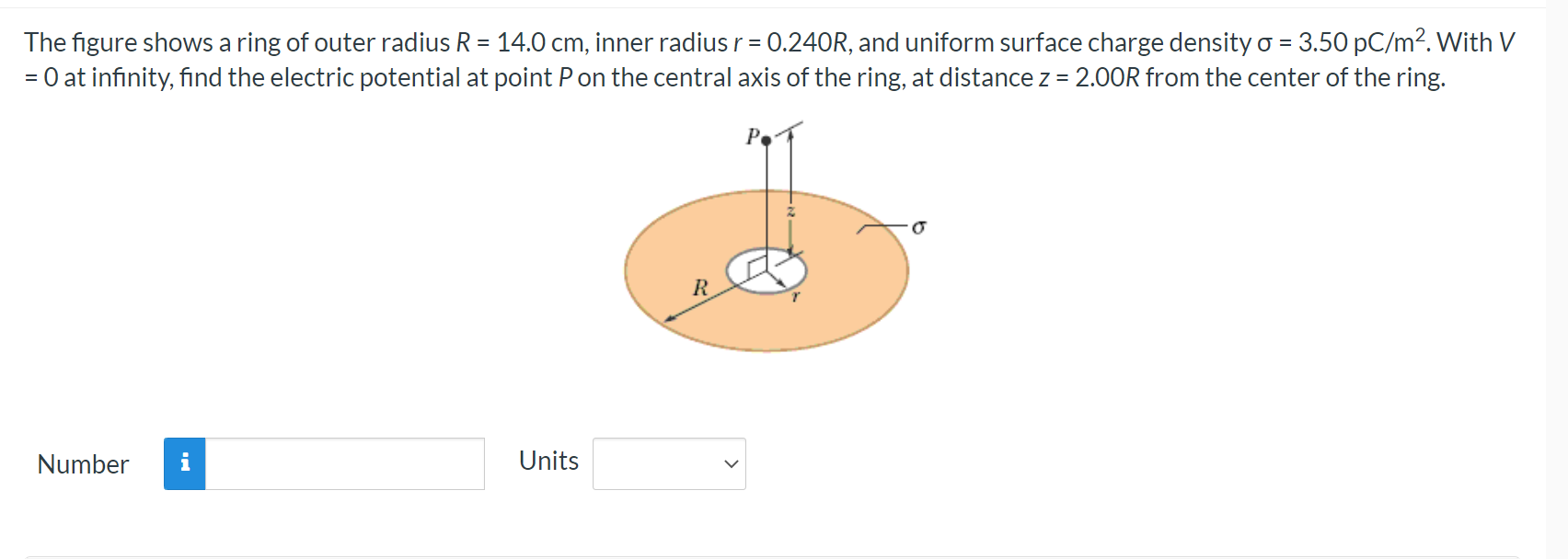 Solved = The figure shows a ring of outer radius R = 14.0 | Chegg.com