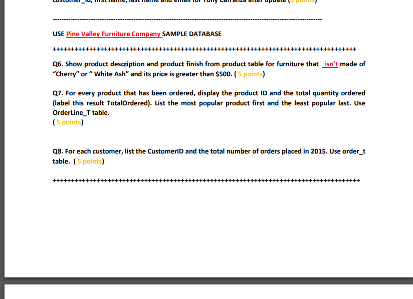 USE Pine Valley Furniture Company SAMPLE DATABASE