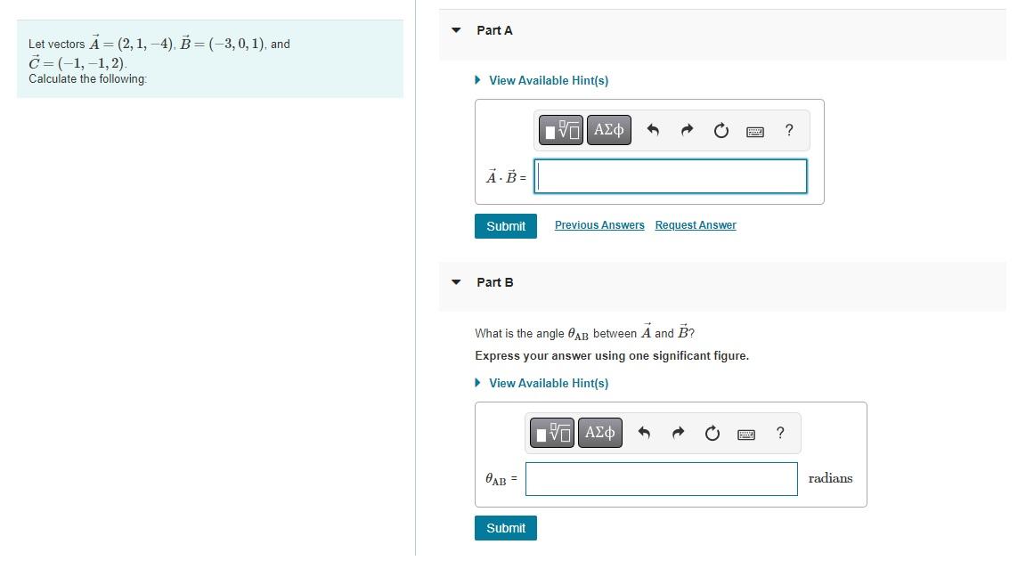 Solved Let vectors A=(2,1,−4),B=(−3,0,1), and C=(−1,−1,2). | Chegg.com