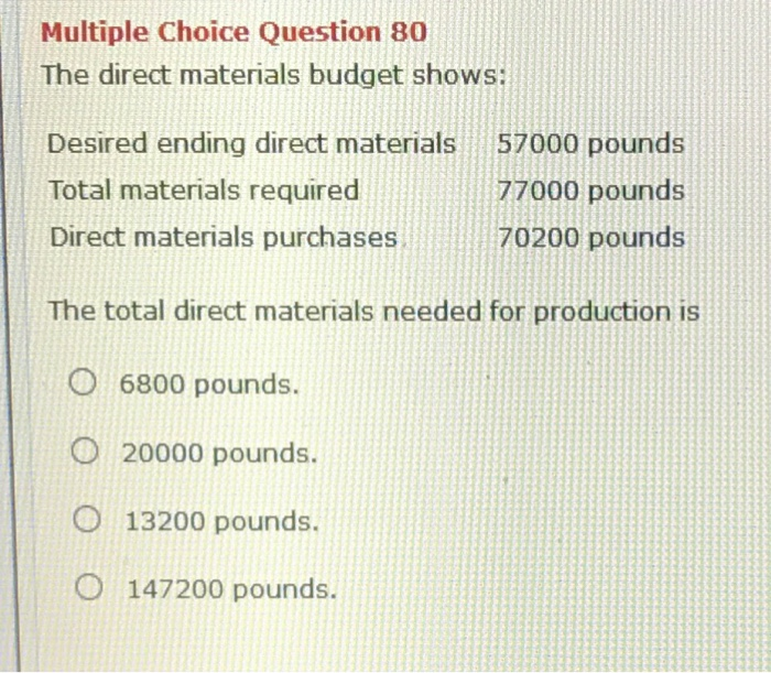 Solved Multiple Choice Question 80 The direct materials