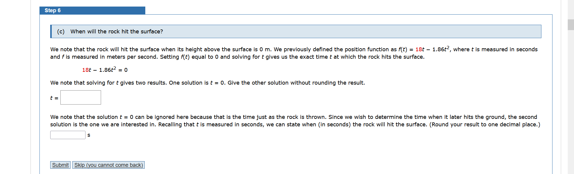 Solved We note that the rock will hit the surface when its | Chegg.com