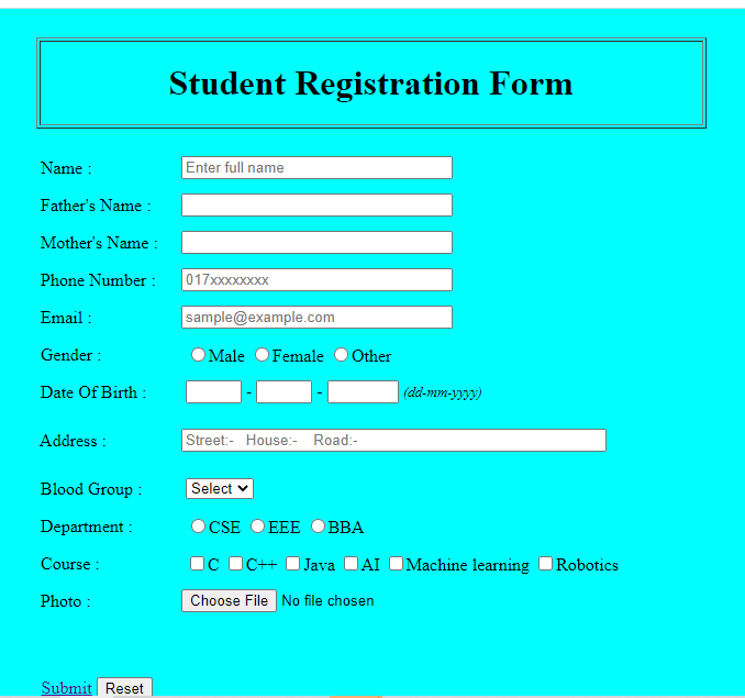 student registration form code in php