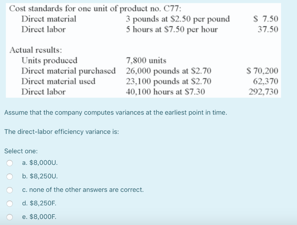 Solved Cost standards for one unit of product no. C77
