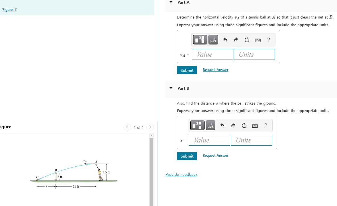 Determine the horizontal velocity \( v_{A} \) of a tennis ball at \( A \) so that it just clears the net at \( B \). Express 