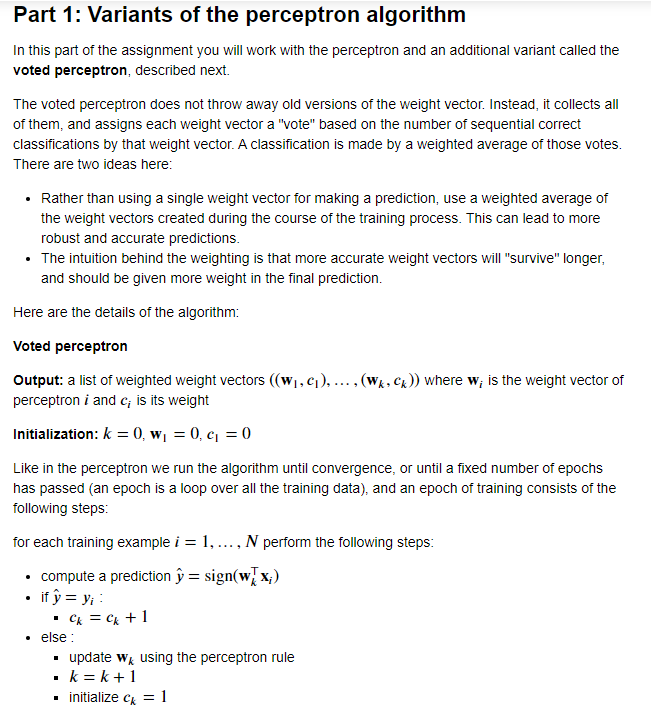 Part 1: Variants of the perceptron algorithm In this | Chegg.com