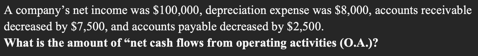 Solved A company's net income was $100,000, depreciation | Chegg.com