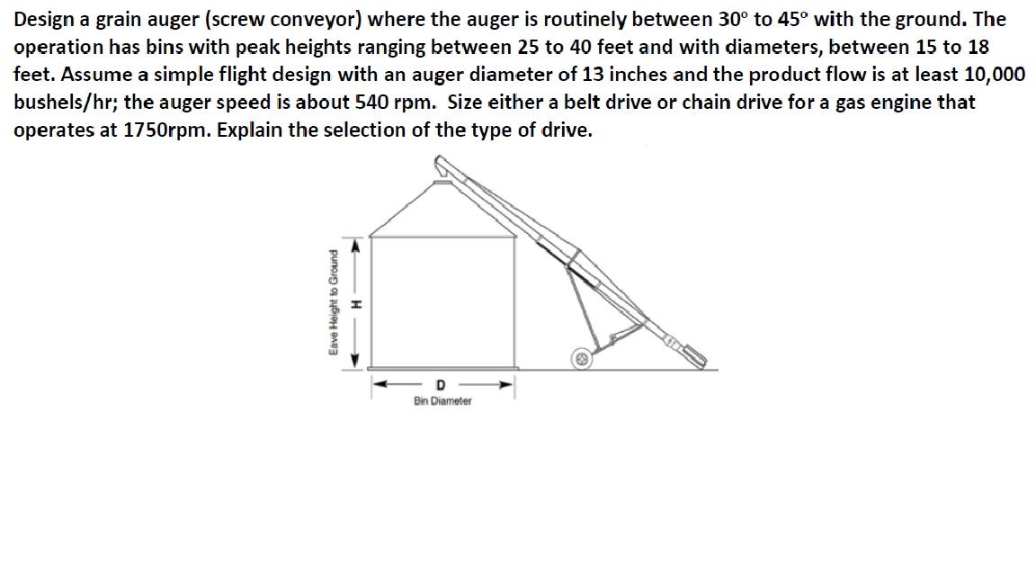 Solved Design a grain auger (screw conveyor) where the auger | Chegg.com