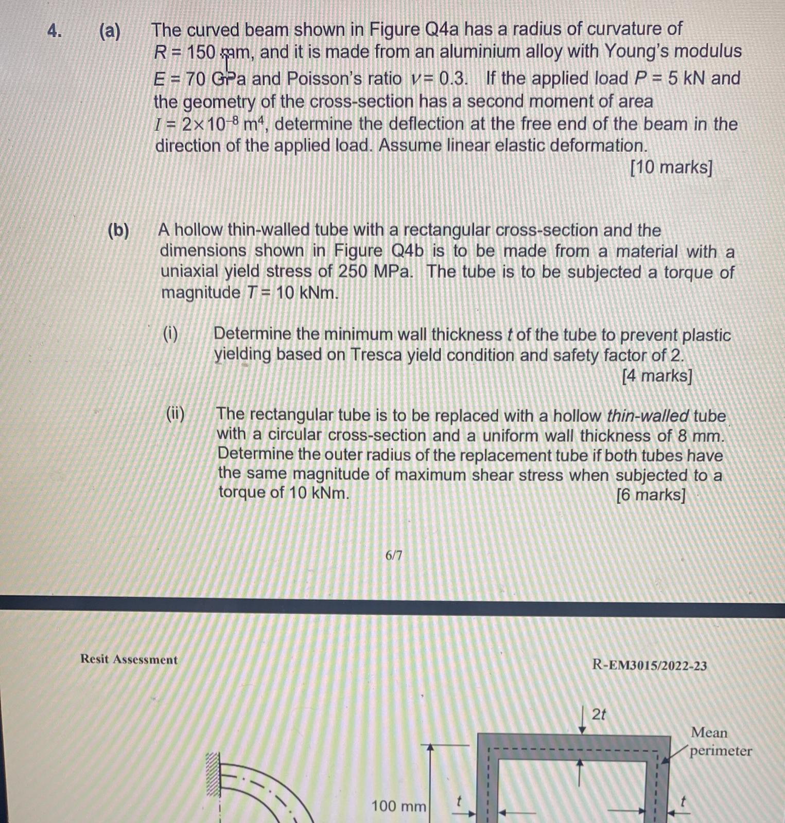 Solved (a) The curved beam shown in Figure Q4a has a radius | Chegg.com