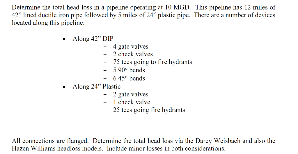 Solved Determine The Total Head Loss In A Pipeline Operating Chegg Com