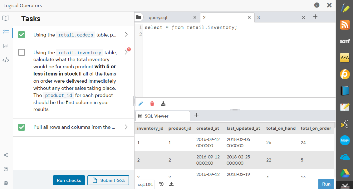 Solved Logical Operators Tasks query.sql X 2 X 3 X + 1 | Chegg.com