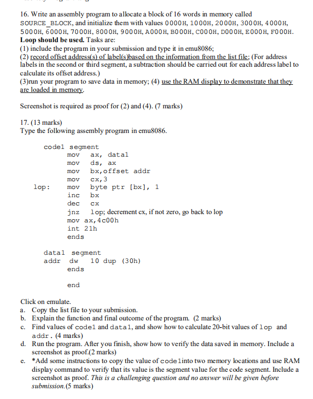 Solved 16. Write An Assembly Program To Allocate A Block Of | Chegg.com