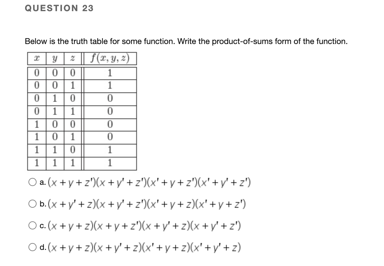 QUESTION 23 Below is the truth table for some function. Write the product-of-sums form of the function. 2 y f(x, y, 2) 00 0 1