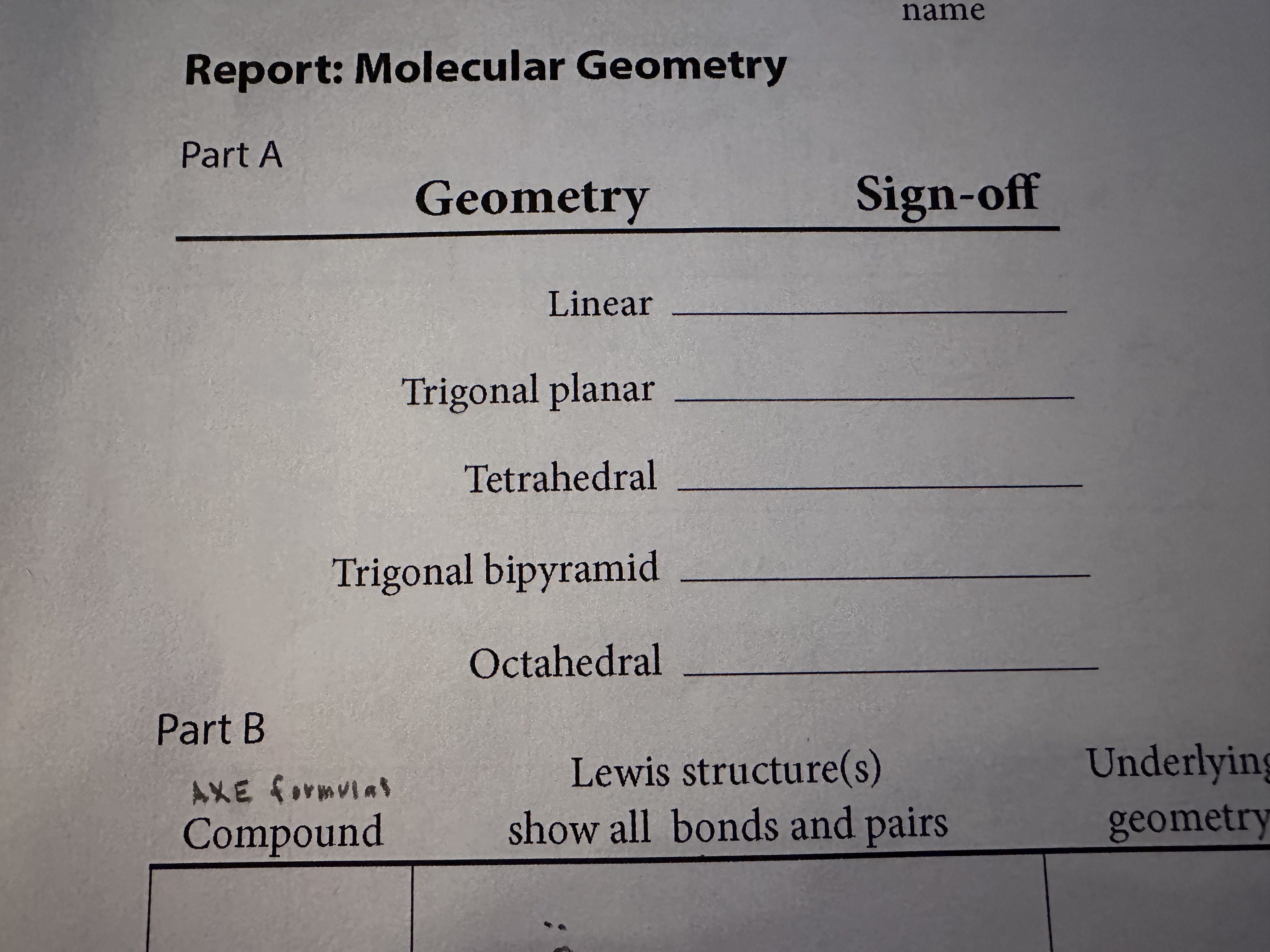 Report: Molecular Geometry Part A Geometry Linear | Chegg.com