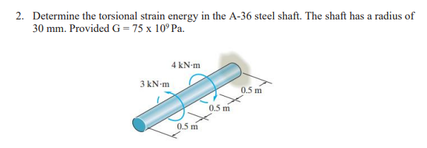 2. Determine the torsional strain energy in the A- 36 steel shaft. The shaft has a radius of \( 30 \mathrm{~mm} \). Provided