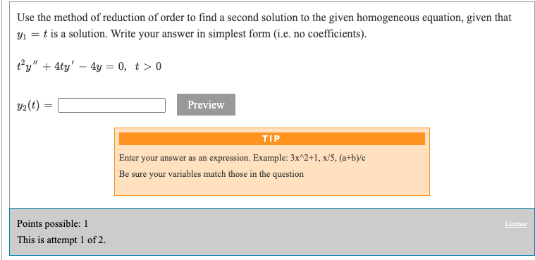 Use the method of reduction of order to find a second solution to the given homogeneous equation, given that \( y_{1}=t \) is