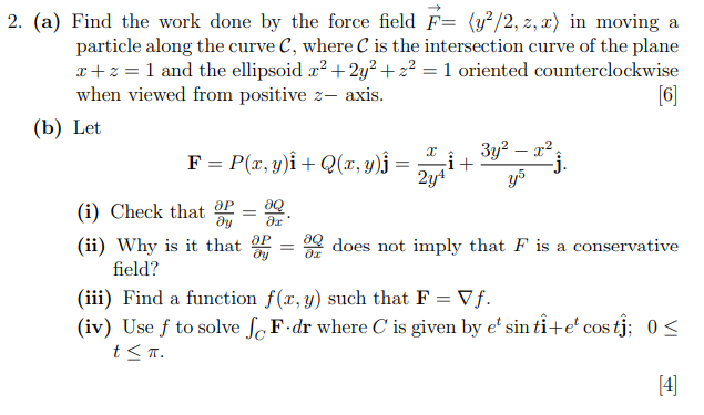 2 A Find The Work Done By The Force Field F Hy Chegg Com