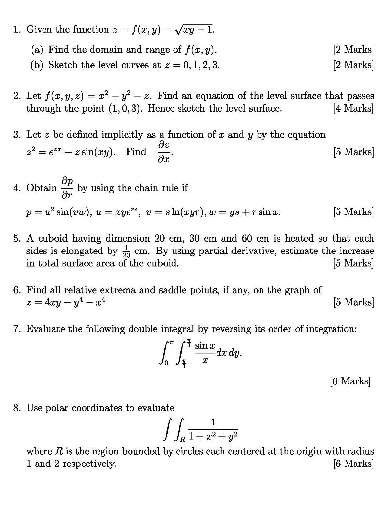 Solved 1. Given the function 2= f(x,y) = xy - 1. (a) Find | Chegg.com