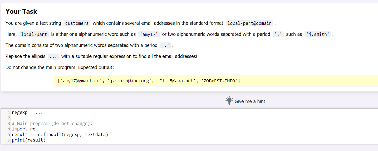 Solved Below is the hint! The regular expression will be | Chegg.com