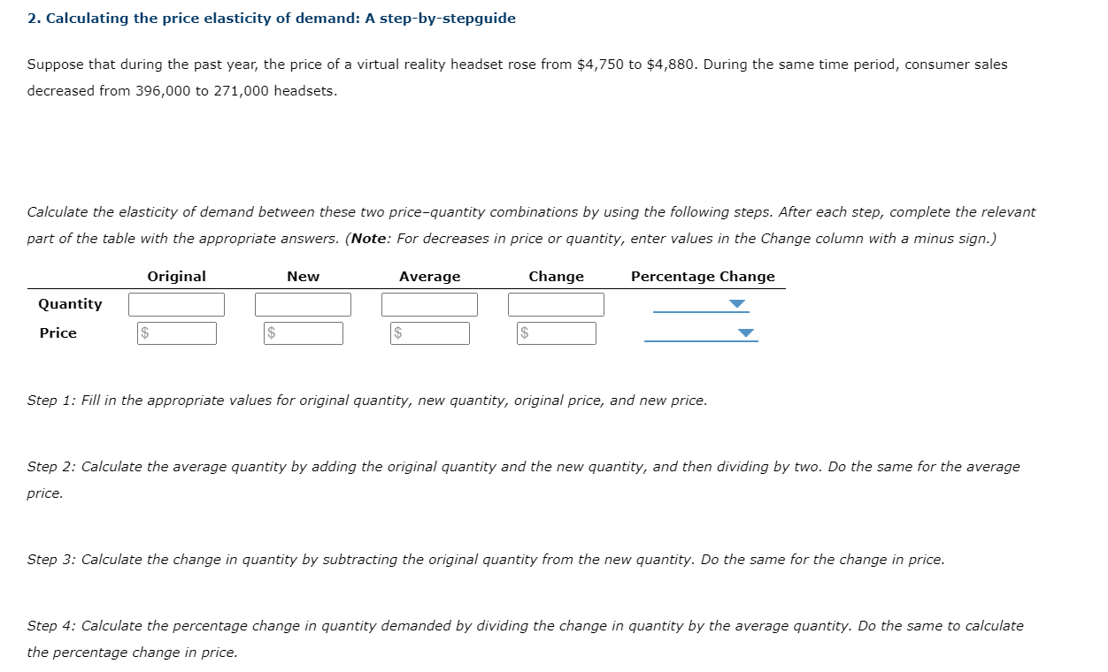 Solved 2. Calculating the price elasticity of demand A