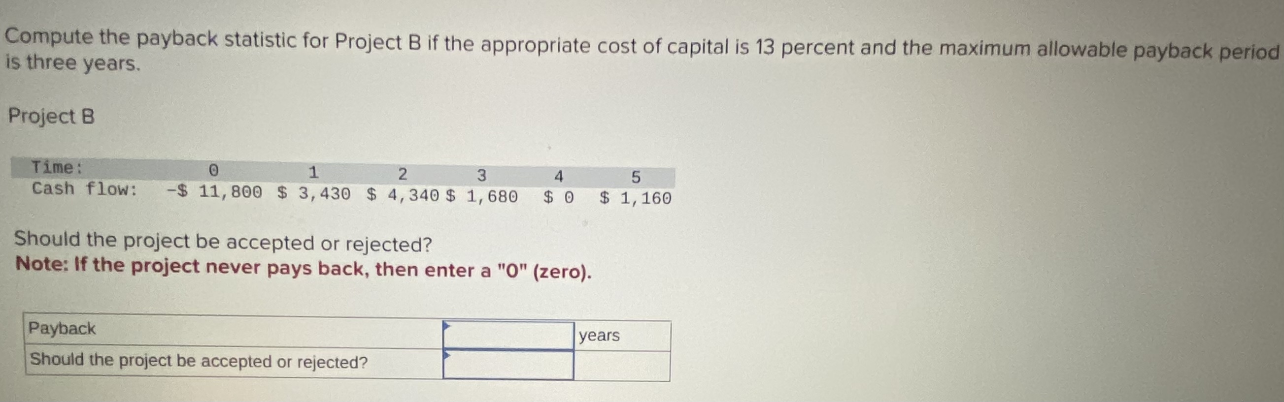 Solved Compute the payback statistic for Project B if the | Chegg.com