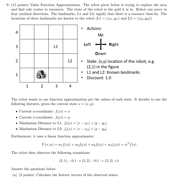Solved 9. (15 points) Value Function Approximation. The | Chegg.com