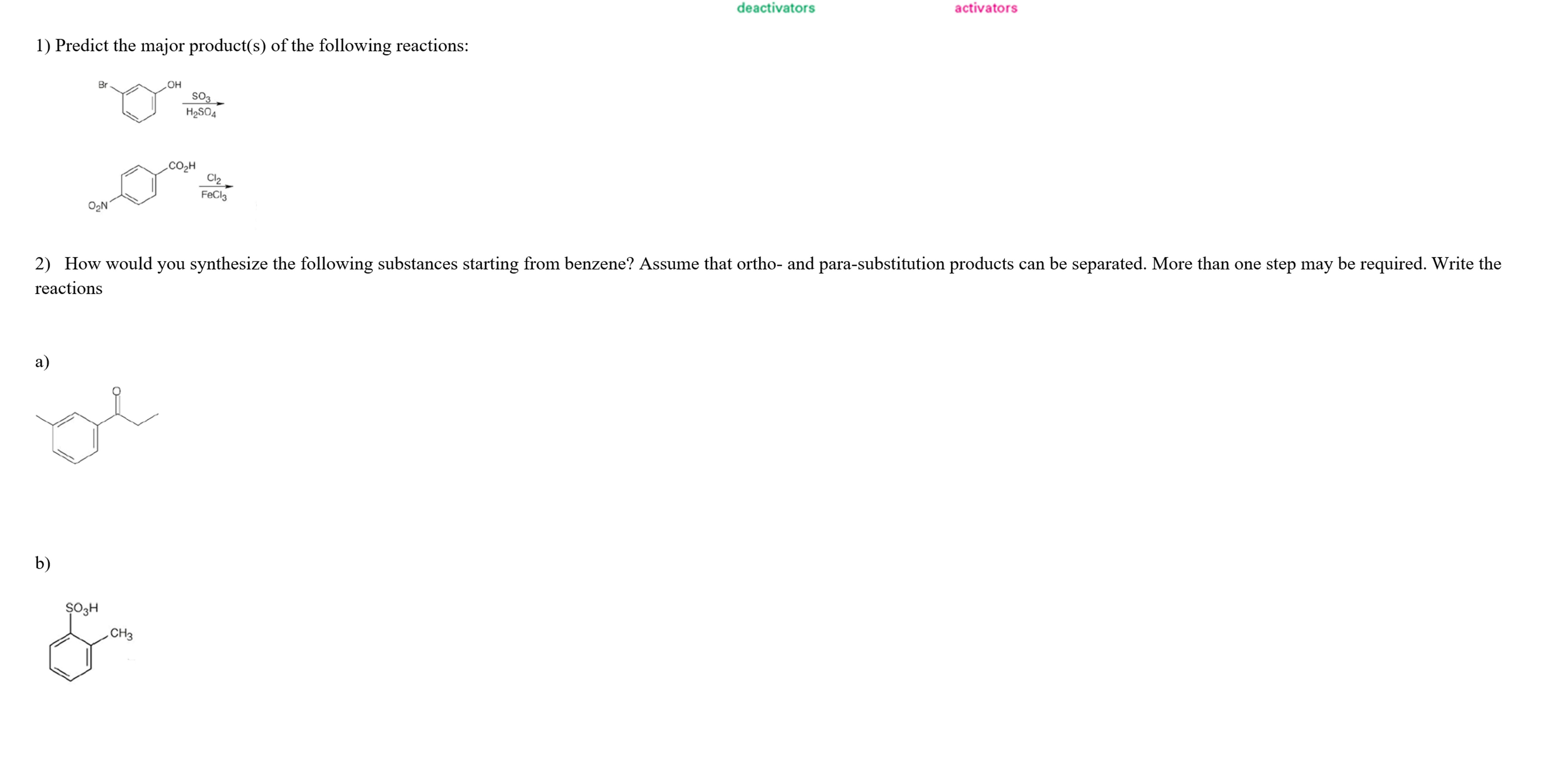 Solved deactivatorsactivatorsPredict the major product(s)