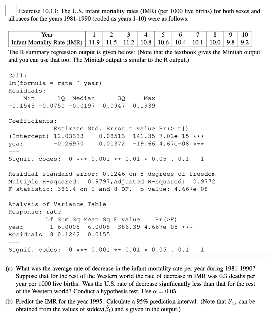 Solved Exercise 10.13: The U.S. infant mortality rates (IMR) | Chegg.com