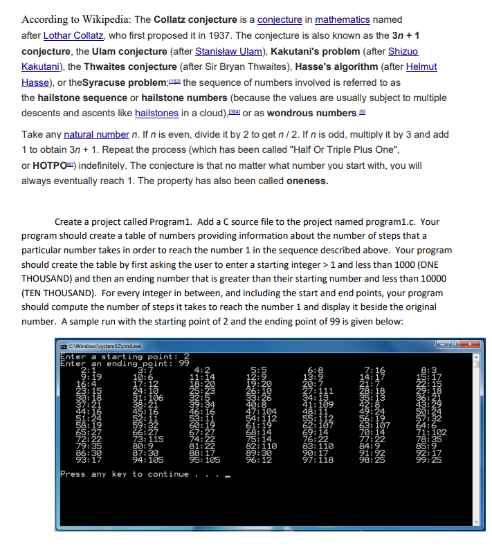 Solved According to Wikipedia The Collatz conjecture is a