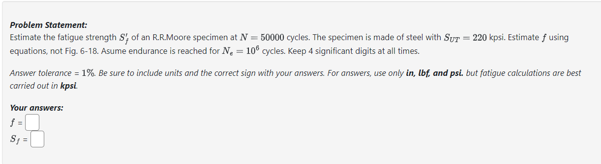 Solved Problem Statement: Estimate the fatigue strength Sf′ | Chegg.com