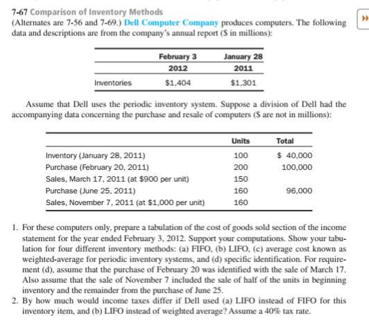 Solved 7-67 Comparison of Inventory Methods (Alternates are | Chegg.com