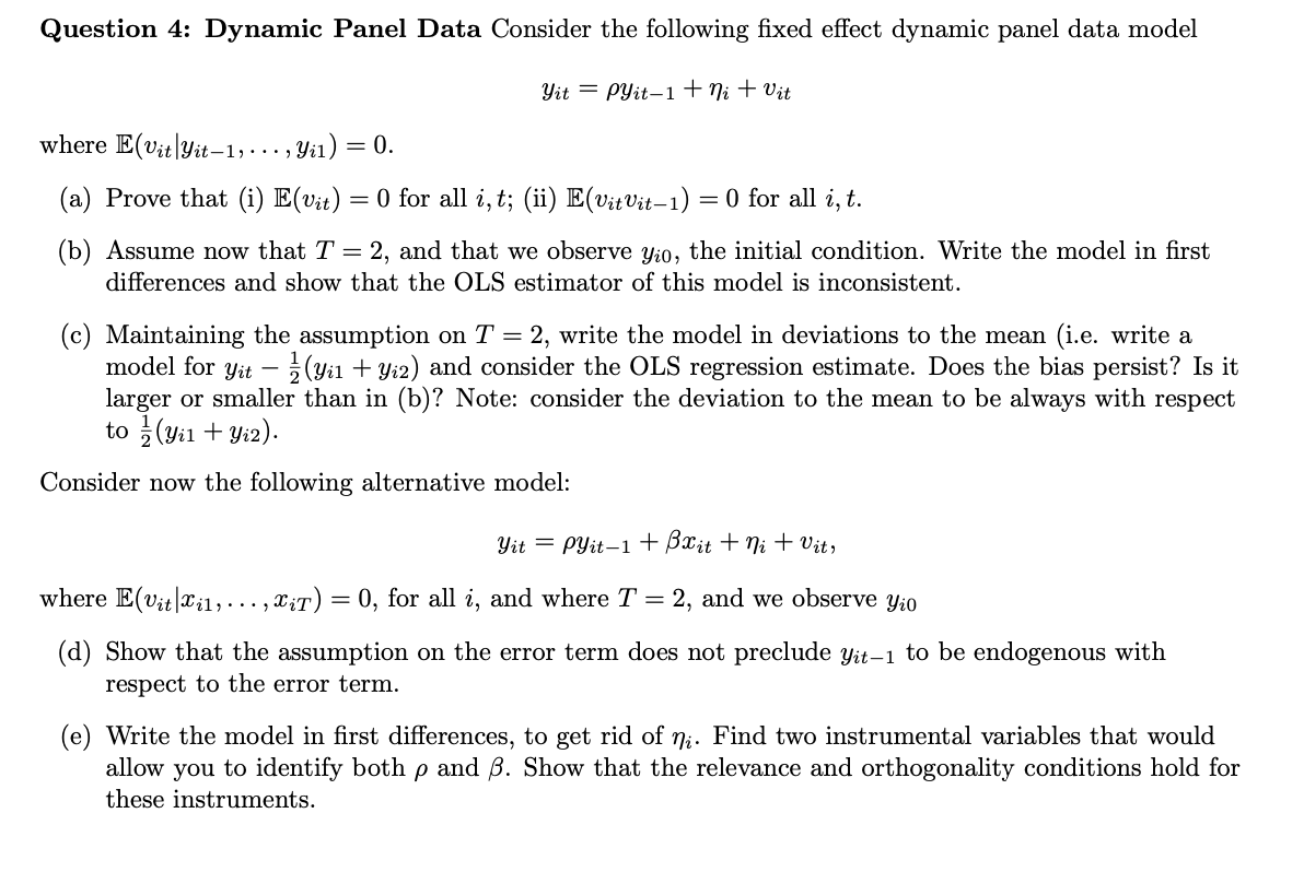 Question 4: Dynamic Panel Data Consider the following | Chegg.com