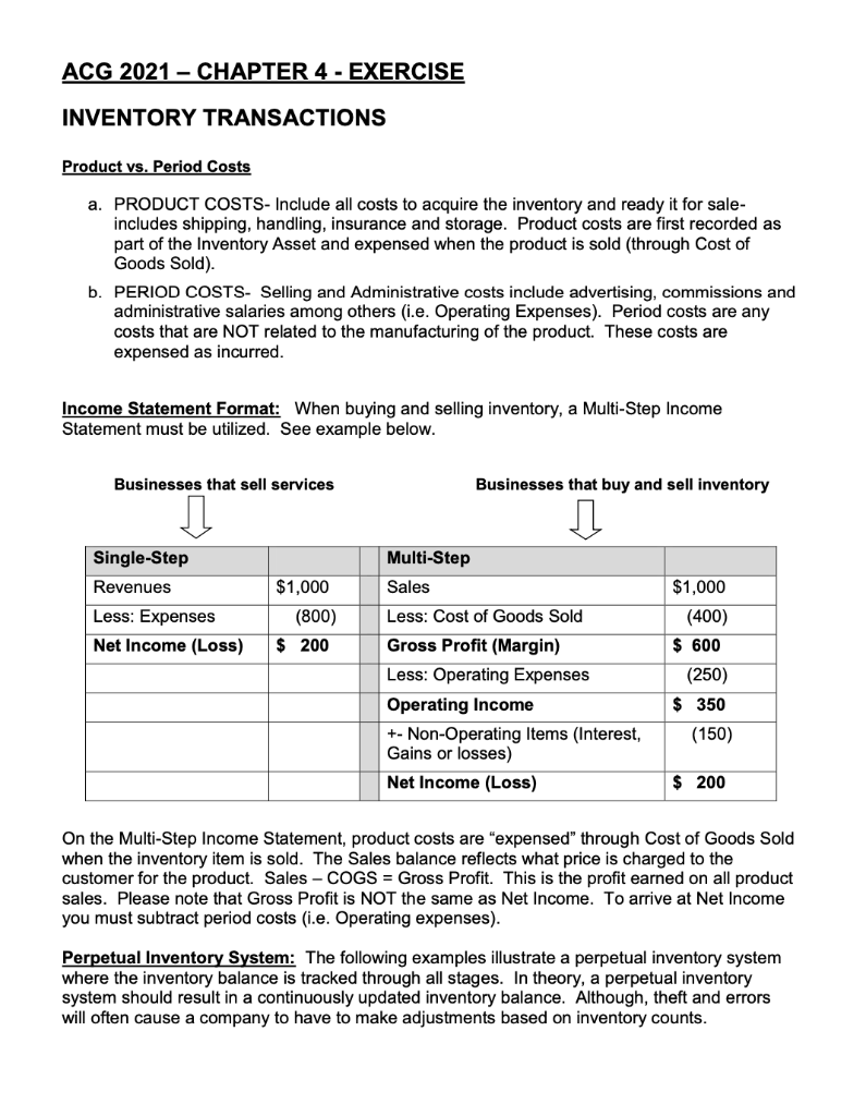 Solved ACG 2021 - CHAPTER 4 - EXERCISE INVENTORY | Chegg.com