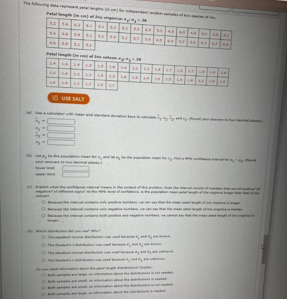 Solved The following data represent petal lengths (in cm) | Chegg.com