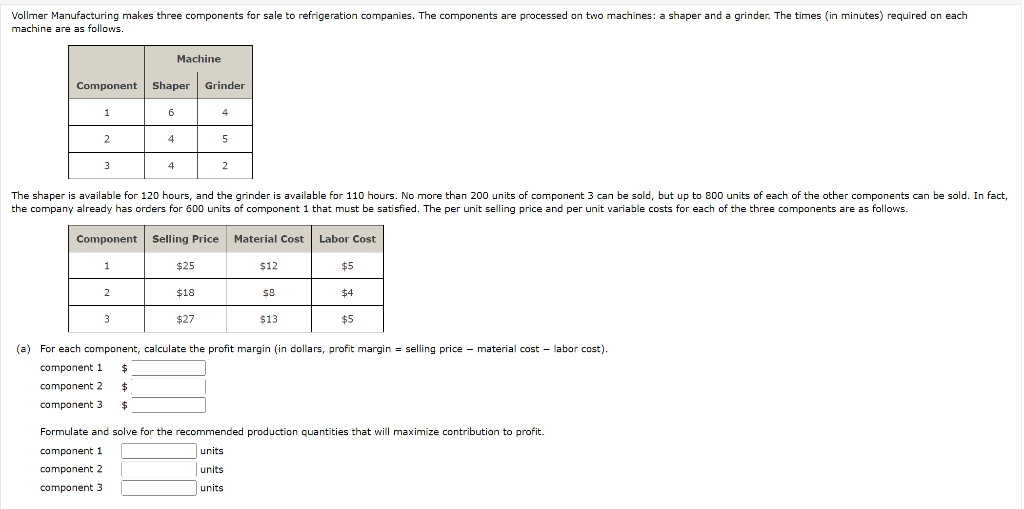Solved Vollmer Manufacturing makes three components for sale | Chegg.com