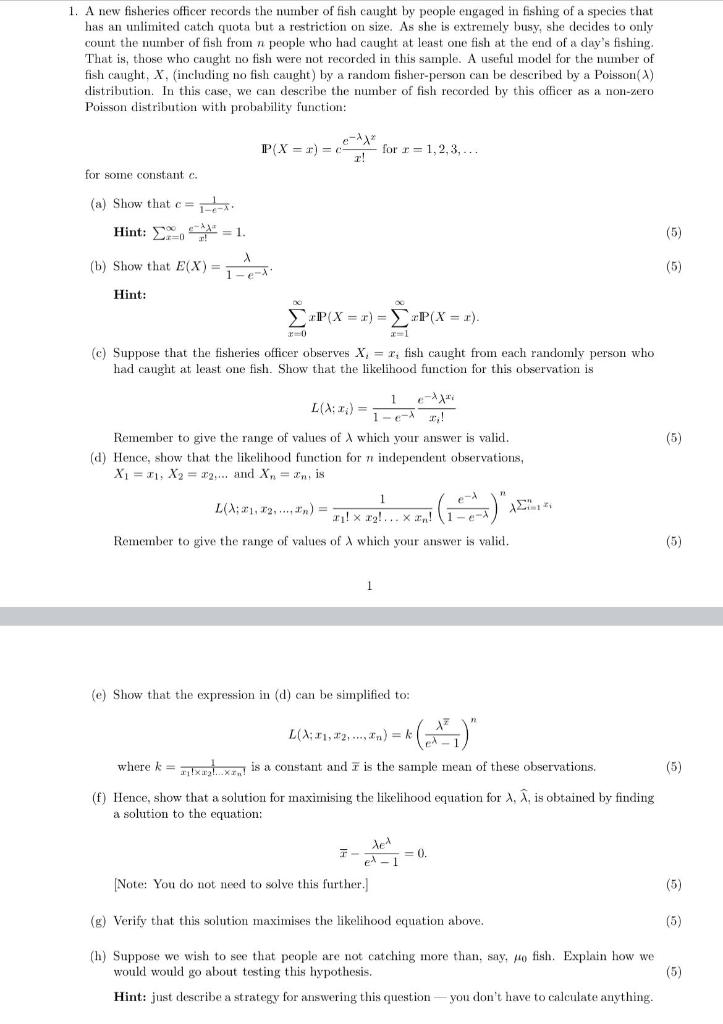 Solved 1. A new fisheries officer records the number of fish | Chegg.com