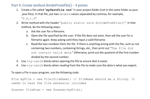 Solved Part 4: Create method divideFromFile(- 4 points 1. | Chegg.com