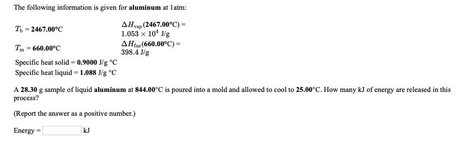 Solved The Following Information Is Given For Aluminum At Chegg Com