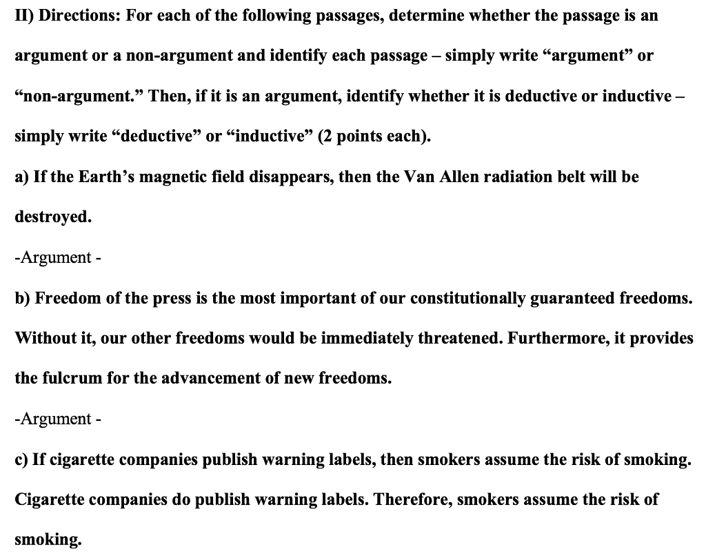 argument or a non-argument and identify each passage | Chegg.com
