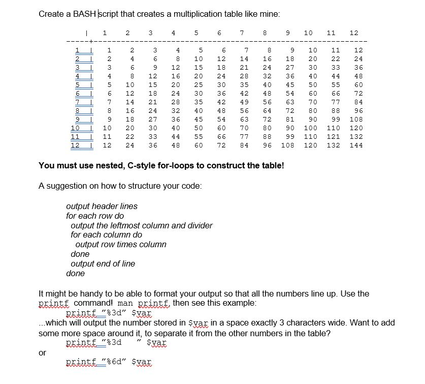 Create a BASH script that creates a multiplication | Chegg.com