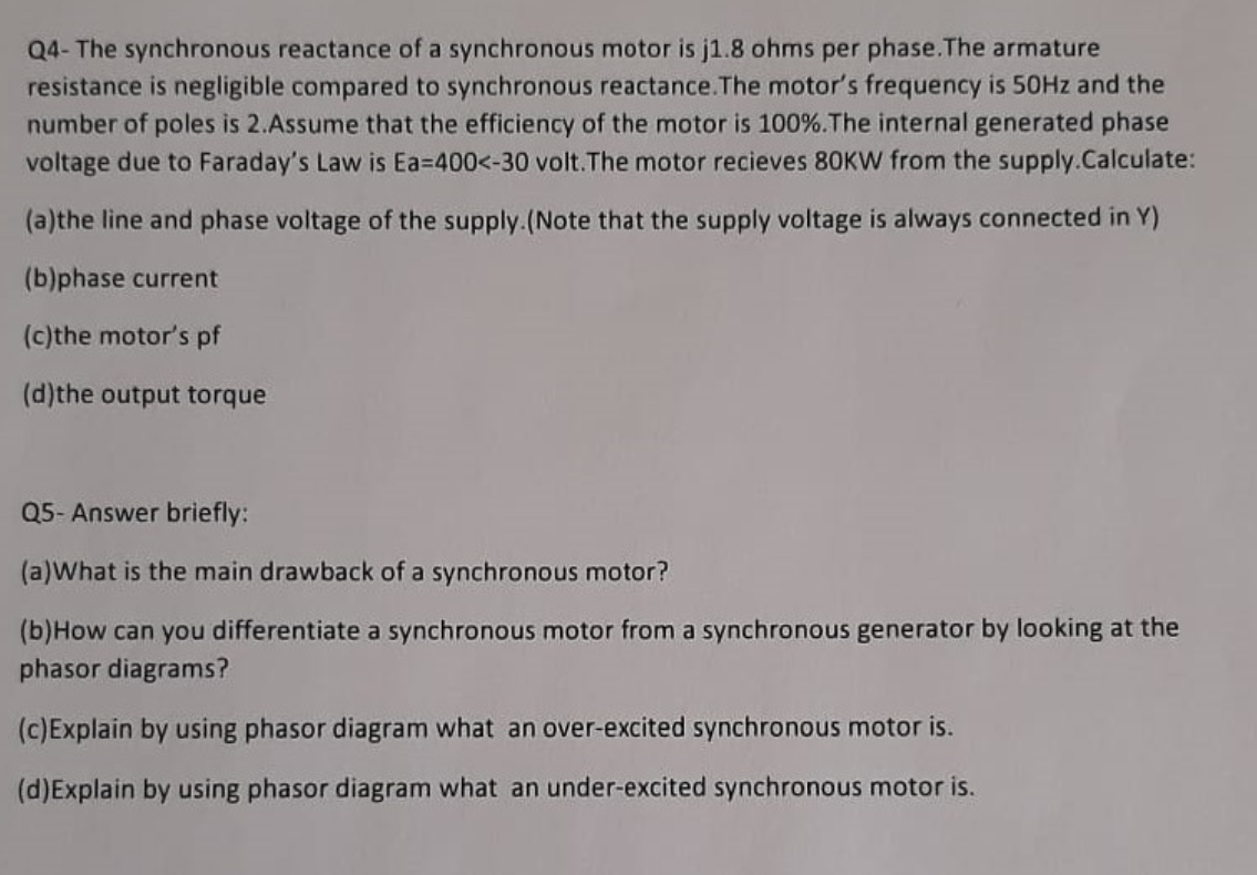 Solved Q4- The synchronous reactance of a synchronous motor | Chegg.com