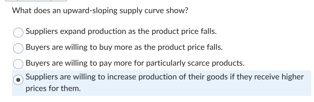 Solved What does an upward-sloping supply curve show? | Chegg.com