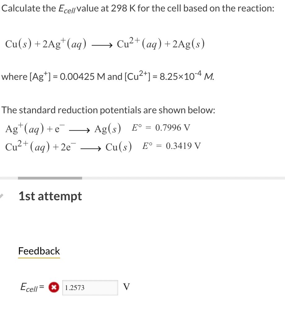 Solved Calculate the Ece// value at 298 K for the cell based | Chegg.com