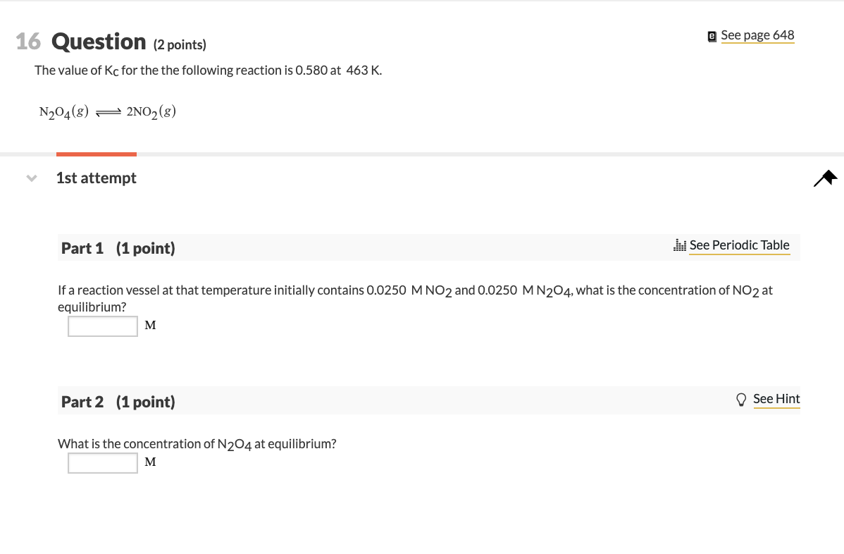Solved e See page 648 16 Question (2 points) The value of Kc | Chegg.com