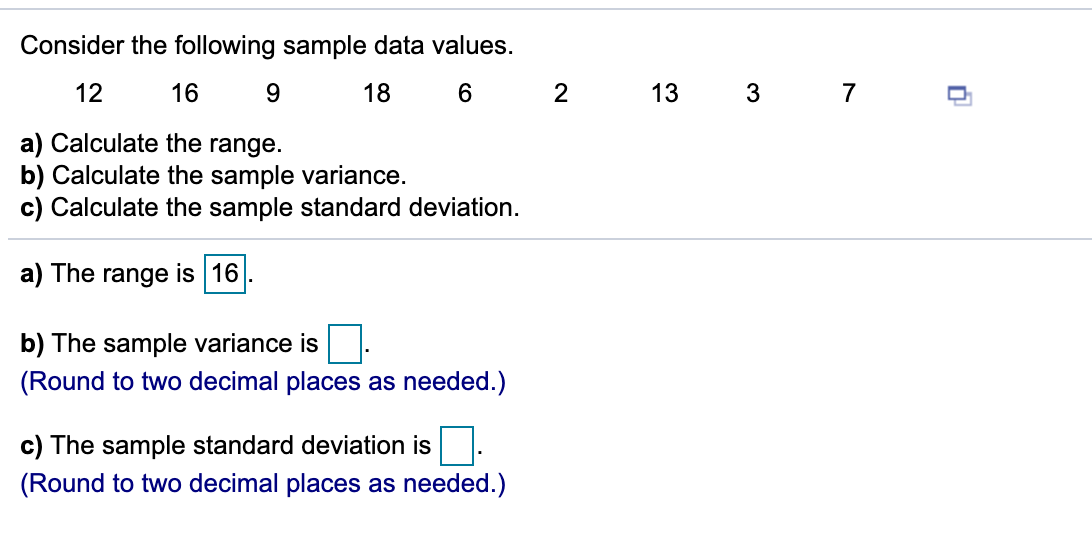 Solved Consider the following sample data values. 12 16 9 18 | Chegg.com