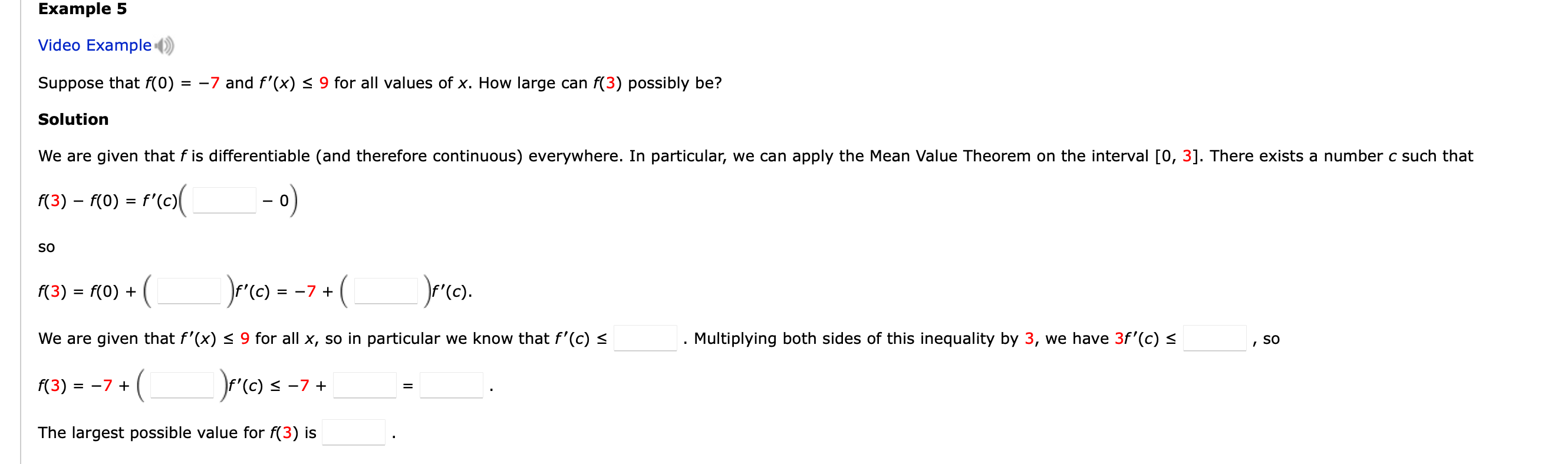 Solved Video Example (())) Suppose that f(0)=−7 and f′(x)≤9 | Chegg.com