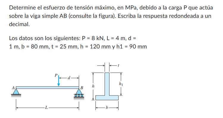 Determine el esfuerzo de tensión máximo, en \( \mathrm{MPa} \), debido a la carga \( \mathrm{P} \) que actúa sobre la viga si