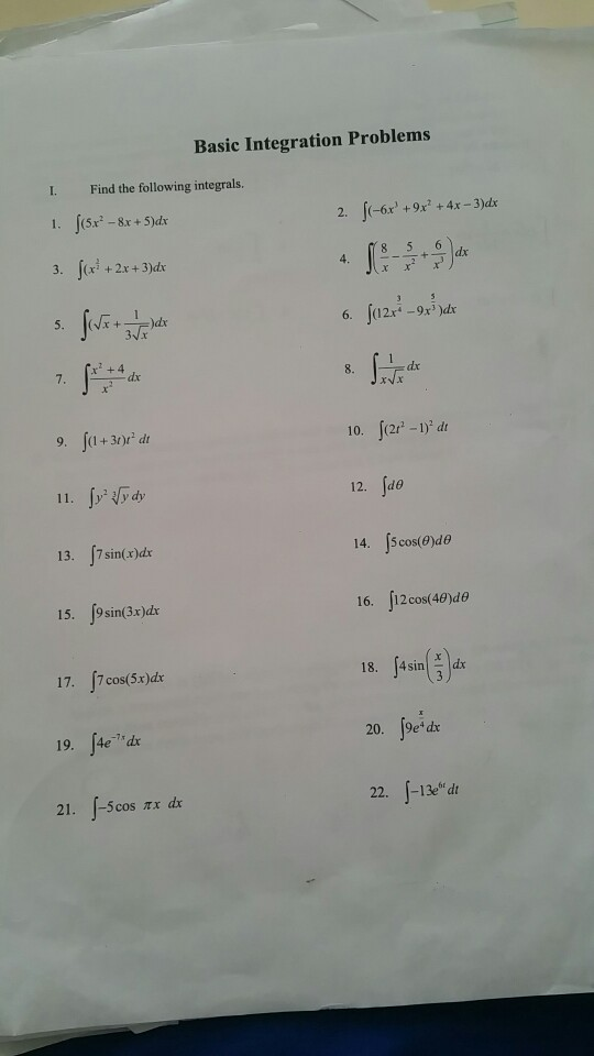 Solved Basic Integration Problems I. Find the following | Chegg.com