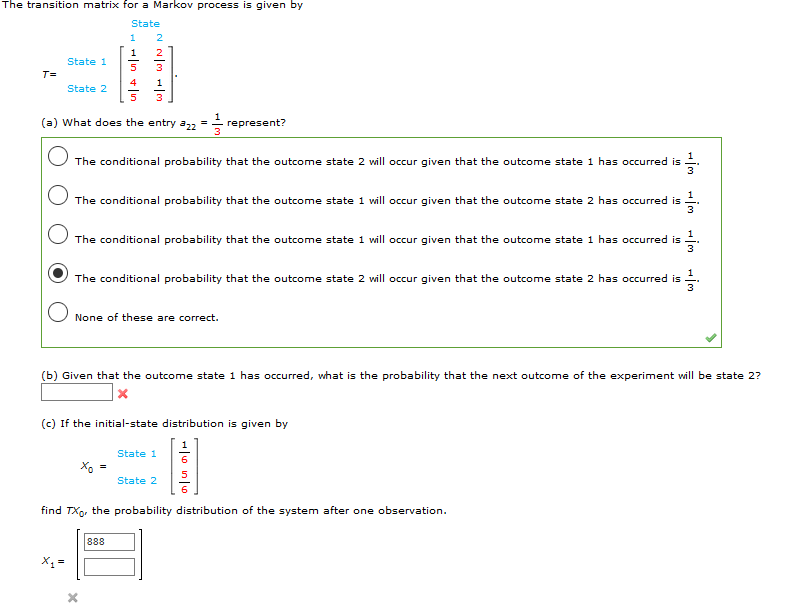 Solved The Transition Matrix For A Markov Process Is Given | Chegg.com