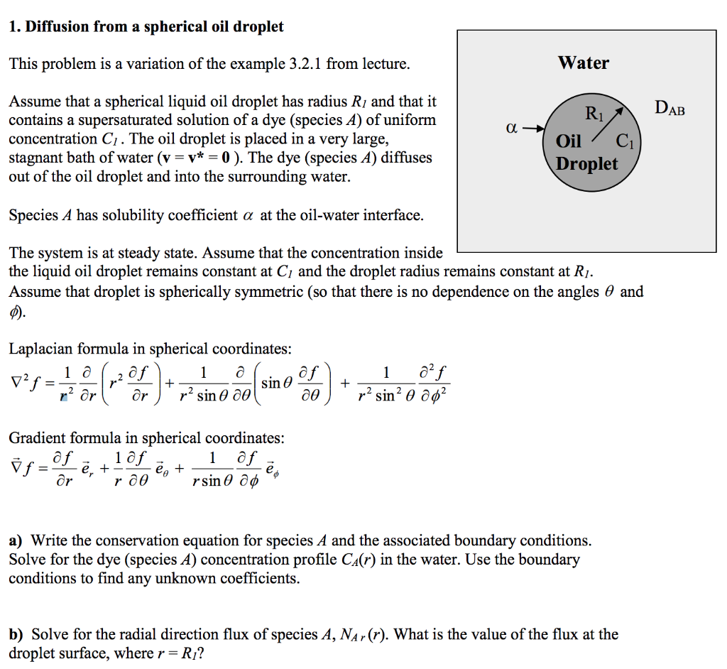 Solved 1. Diffusion from a spherical oil droplet This | Chegg.com