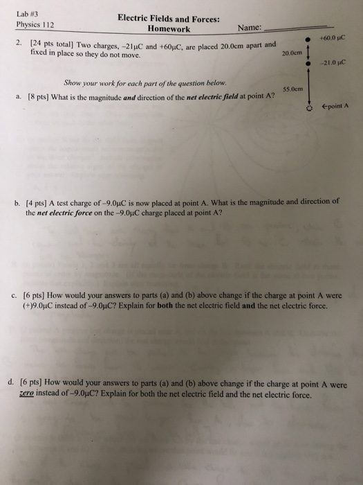 Solved Lab #3 Physics 112 Electric Fields and Forces: | Chegg.com